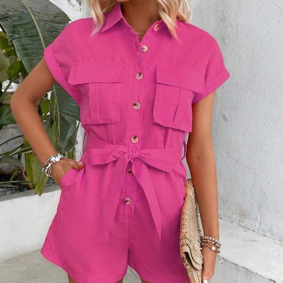Pink Casual Womens Flap Pocket Batwing Sleeve Belted Shirt Romper - Picture 4 of 5